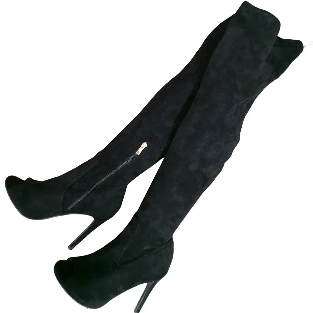 NWOT-1 SHOW! HOT TOMATO! BLACK VEGAN SUEDE  PEEP TOE OVER THE KNEE BOOTS!SZ 7.5M